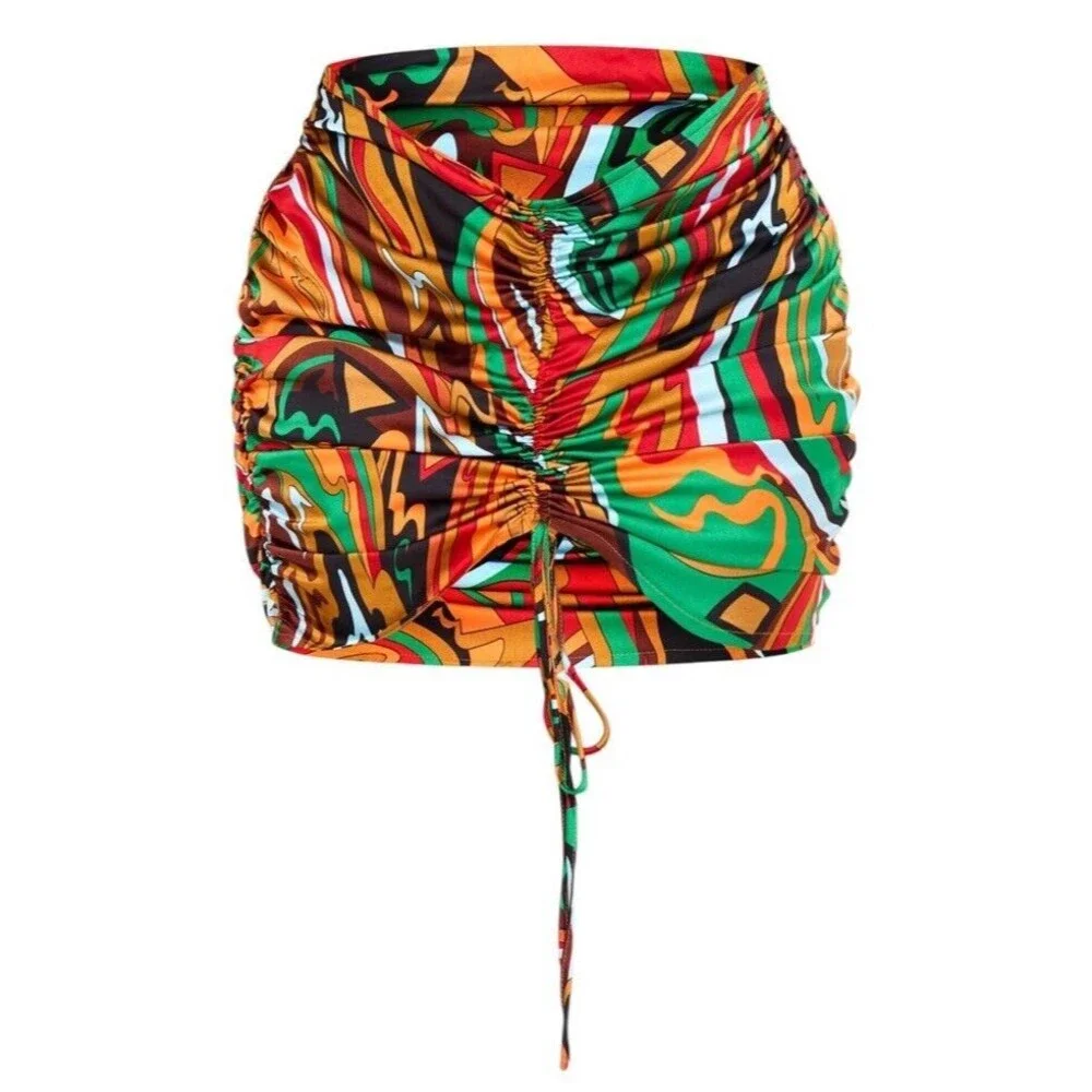 PrettyLittleThing Multi Abstract Print Ruched Front Skirt Women's Size 12 US New